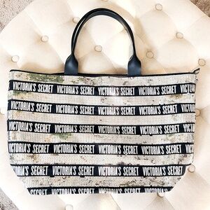 VICTORIA'S SECRET SILVER & BLACK STRIPE TOTE BAG WEEKENDER TRAVEL VACATION NWOT